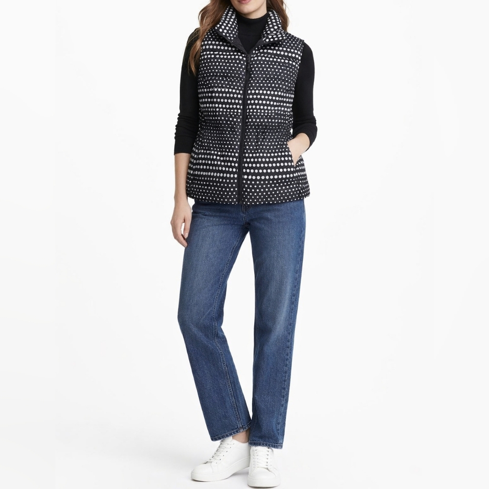 TALBOTS Polka Dot Down Fill Puffer Vest | L | Black White | Cinched Waist